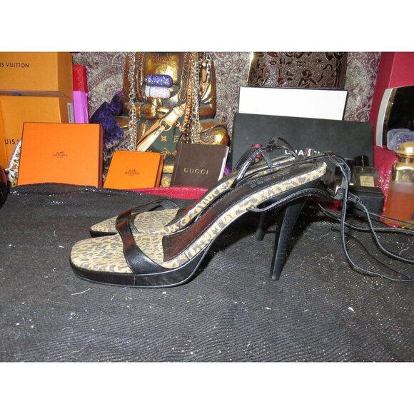 BOGO Guess by Marciano Black Leopard Leather Strappy Ankle Tie Heels sz 7.5 - Picture 1 of 12